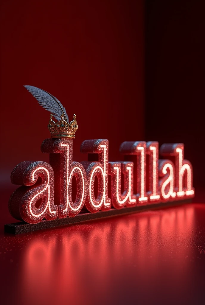 
A mesmerizing and sophisticated 3D digital artwork featuring the name "Abdullah" in exquisite red,white,black lighting and diamond letters, adorned with a majestic royal red,golden,white lighting crown and a graceful feather. The bold, enchanting typography shimmers with a dusting of diamonds, illuminated by warm, silver,black,red lighting. The solid red glitter lighting background red rubby lightings highlights the text and transforms the piece into a striking, cinematic poster. This eye-catching design masterfully combines elements of dark,red,with darkness fantasy, photography, architecture, typography, film, and 3D rendering, creating a truly enchanting visual experience that is perfect for architecture or cinema promotions and adds an unforgettable visual experience to any space. Signed by the artist "Creaciones_Celestiales CC" in the center of the image., photo, architecture, cinematic, 3d render, poster, illustration, typography