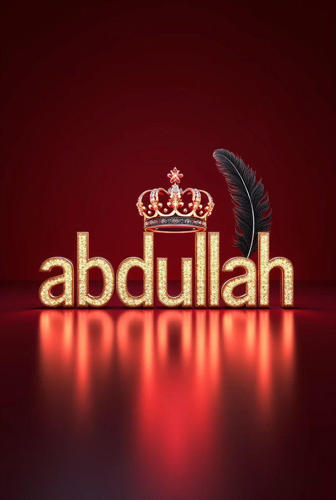 
A mesmerizing and sophisticated 3D digital artwork featuring the name "Abdullah" in exquisite red,white,black lighting and diamond letters, adorned with a majestic royal red,golden,white lighting crown and a graceful feather. The bold, enchanting typography shimmers with a dusting of diamonds, illuminated by warm, silver,black,red lighting. The solid red glitter lighting background red rubby lightings highlights the text and transforms the piece into a striking, cinematic poster. This eye-catching design masterfully combines elements of dark,red,with darkness fantasy, photography, architecture, typography, film, and 3D rendering, creating a truly enchanting visual experience that is perfect for architecture or cinema promotions and adds an unforgettable visual experience to any space. Signed by the artist "Creaciones_Celestiales CC" in the center of the image., photo, architecture, cinematic, 3d render, poster, illustration, typography