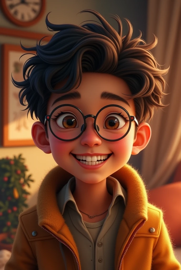I want a thin, mixed-race boy with dark skin and not black, with small Chinese eyes, who wears glasses, a small nose and a big smile where you can see his teeth., small ears must have curly hair and be dressed in a warmer