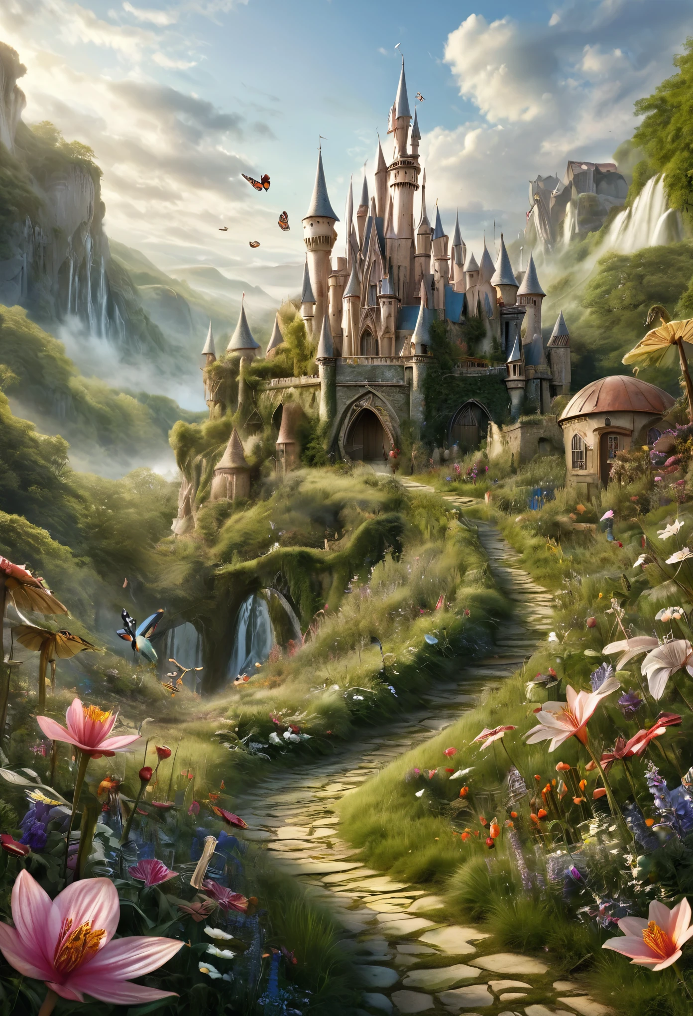 (Realistic:1.2), (whimsical:1.2), (((extremely detailed))), ((no close-up)), ((masterpiece)), (((middle shot, center, colorfull))), a Pixie, mythological, looks epic, fairytale atmosphere, intricate and detailed unreal fairy village on background, in motion, dynamic composition, depth of field, analog photo style, kodak porta 400 