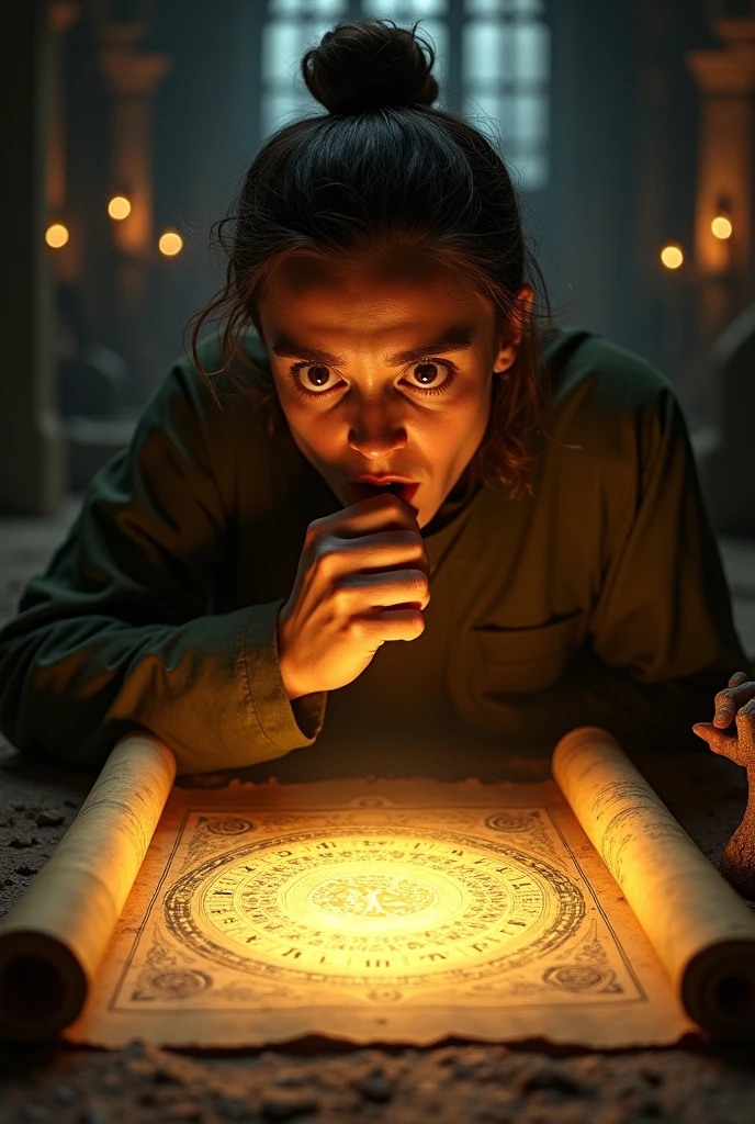 “Gasping in Awe”: A person covering their mouth in disbelief with wide eyes, looking towards an ancient scroll with mysterious symbols glowing on it.