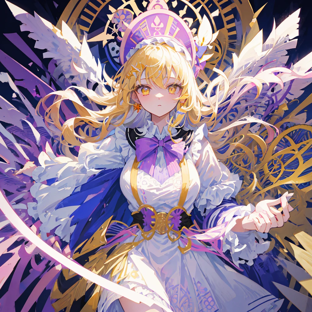 long hair, fluffy hair, blondie hair, yellow eyes, x-shaped pupils. She is wearing a multi-layered, multi-colored dress.. The main part of the dress is white with a purple border at the bottom., adorned with circular patterns resembling gears or clock faces. About this, there is a pink apron-like overlay with white lace trim and a large bow in the back. The character also wears a purple bolero with puffed sleeves that have blue ribbon details.. There are two bows at the front of the bolero, one blue and one red, matching the color scheme of the outfit. Furthermore, there is a light blue tie or scarf under the collar of the bolero. The character is wearing white thigh-high socks with purple stripes at the top and white shoes adorned with red bows.. in the head, She wears a large purple hat decorated with several pink ribbons and bows., blue and red; also features what appears to be a clock face on the front,
