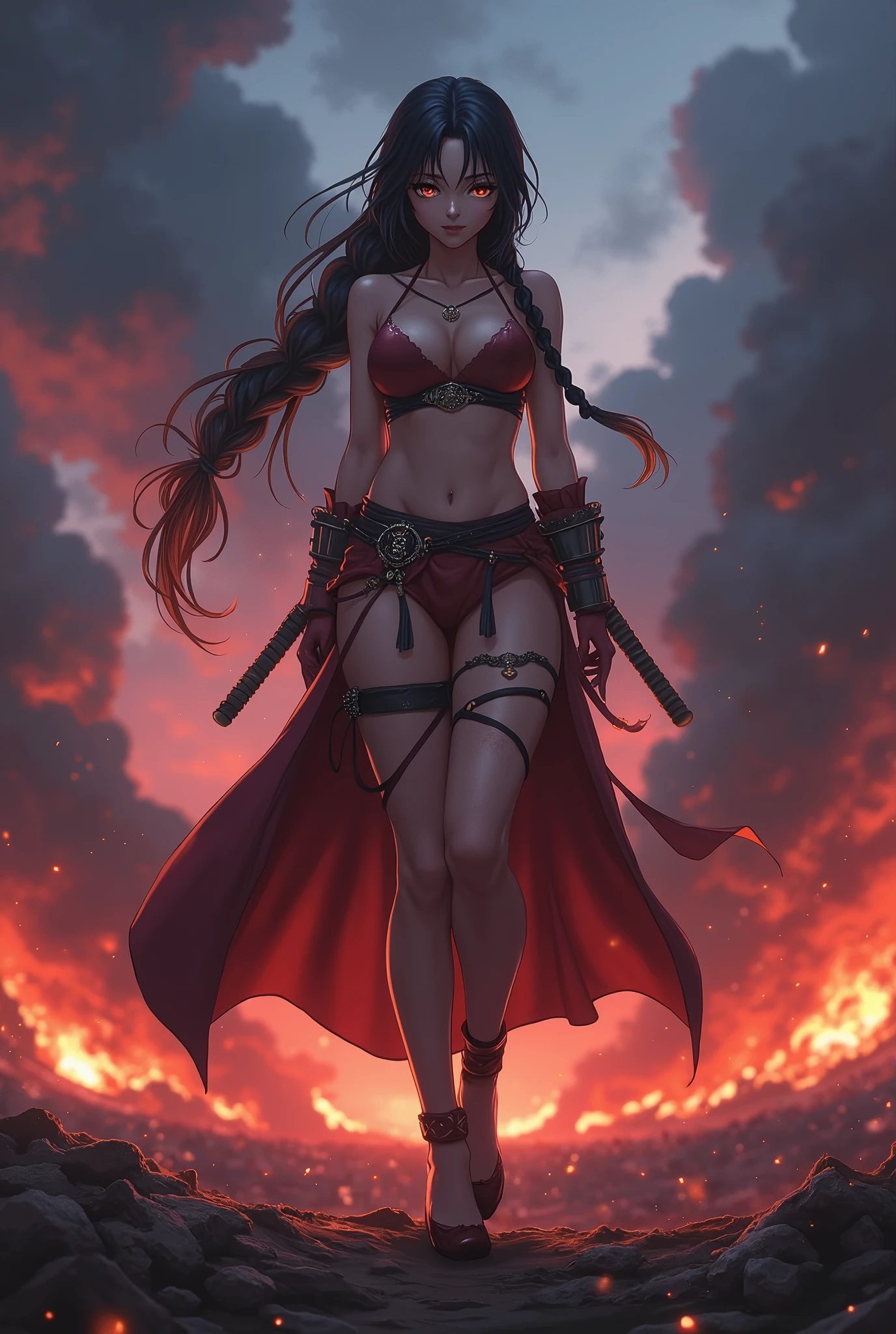 Nezuko Kamado, full body, grown-up, very hot, very sexy, naked, her hair tied in a long braid, standing on a battlefield with cloudy skies and fire in the background, the atmosphere is intense and epic, Illustration, digital art with dramatic shadows