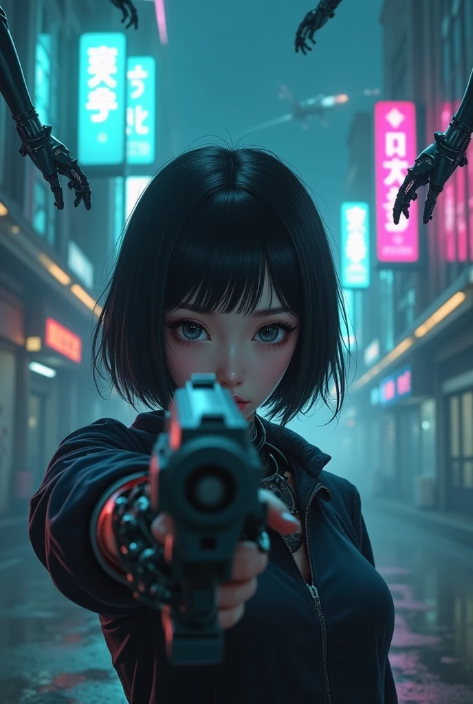 An asian hot woman in her 30s with eyes focused and black hair, robotic arms and neck, face focused, with a rocketship background, blue and pink cyberpunkish colors, more anime like and presenting horror and dark environments, darker and more robotic background with 10 robot arms disconnected in the air at the background and horrifying, like an album cover. A foggy dark environment. Not so bright. Not so realistic. Neon blue neon pink neon green lights. Blue green eyes. 1×1 picture. Add a futuristic futuristic gun in her hand pointing the gun at me while having neutral expression. Add neon futuristic building plus the robot arms to the background. Just a bit realistic more digital art like. With floating robots in the air like after a robot war with a rocketship