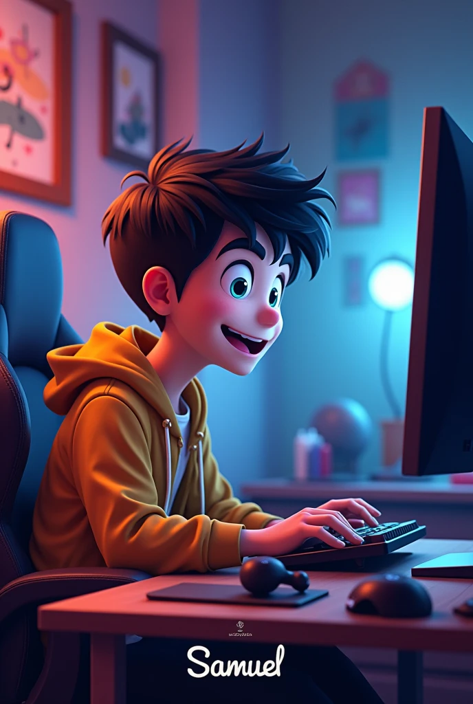 Crea un ragazzo che si diverte a giocare, gli piace il gaming lui e un vero gamer e si chiama Samuel gioca al computer e c'è una scritta Samuel sotto