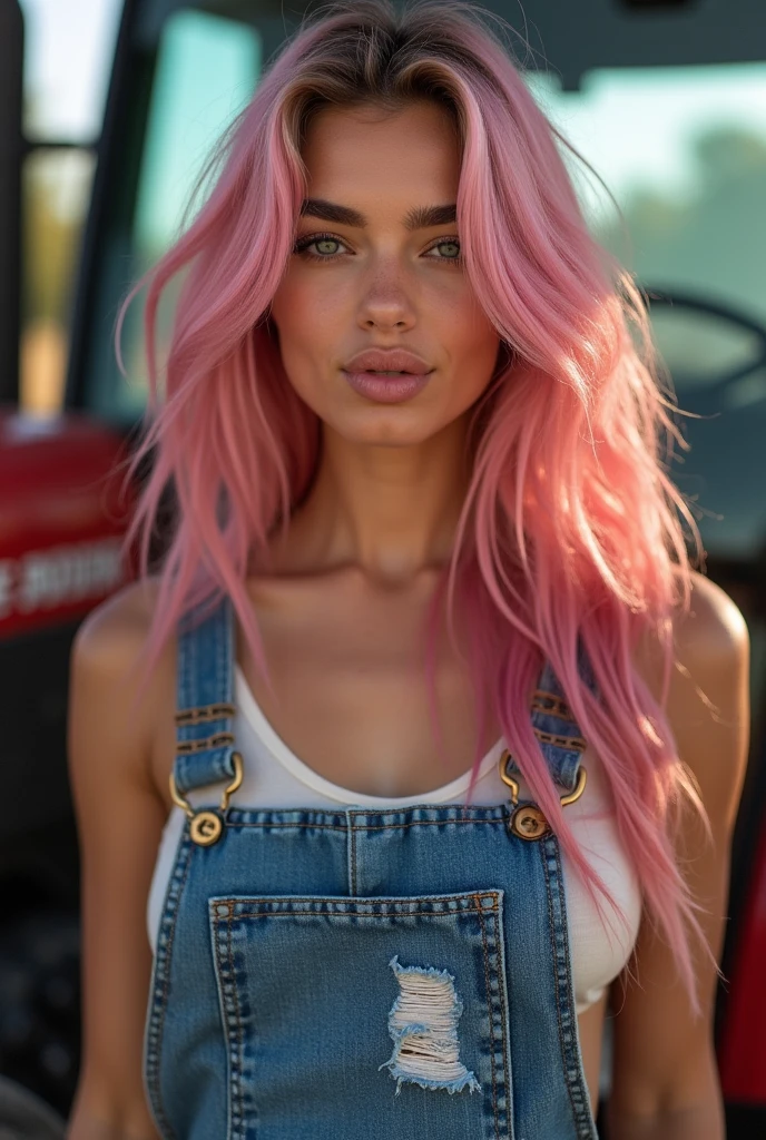 closeup portrait, professional portrait, front lit natural lighting, upper body, facing viewer, mouth open, ((winking)),((one_eye_closed)), beautiful woman (wearing torn denim overalls, exposed breasts), facing viewer, in on a farm, tractor, beautiful pink long hair, Instagram photo, belledelphine, exposed breasts, detailed skin pores