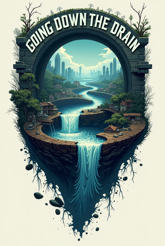 create a logo for a card game called "Going down the drain" , A drain in the center with a drawing of a city going down the drain as well. This card game has the environment as its theme.