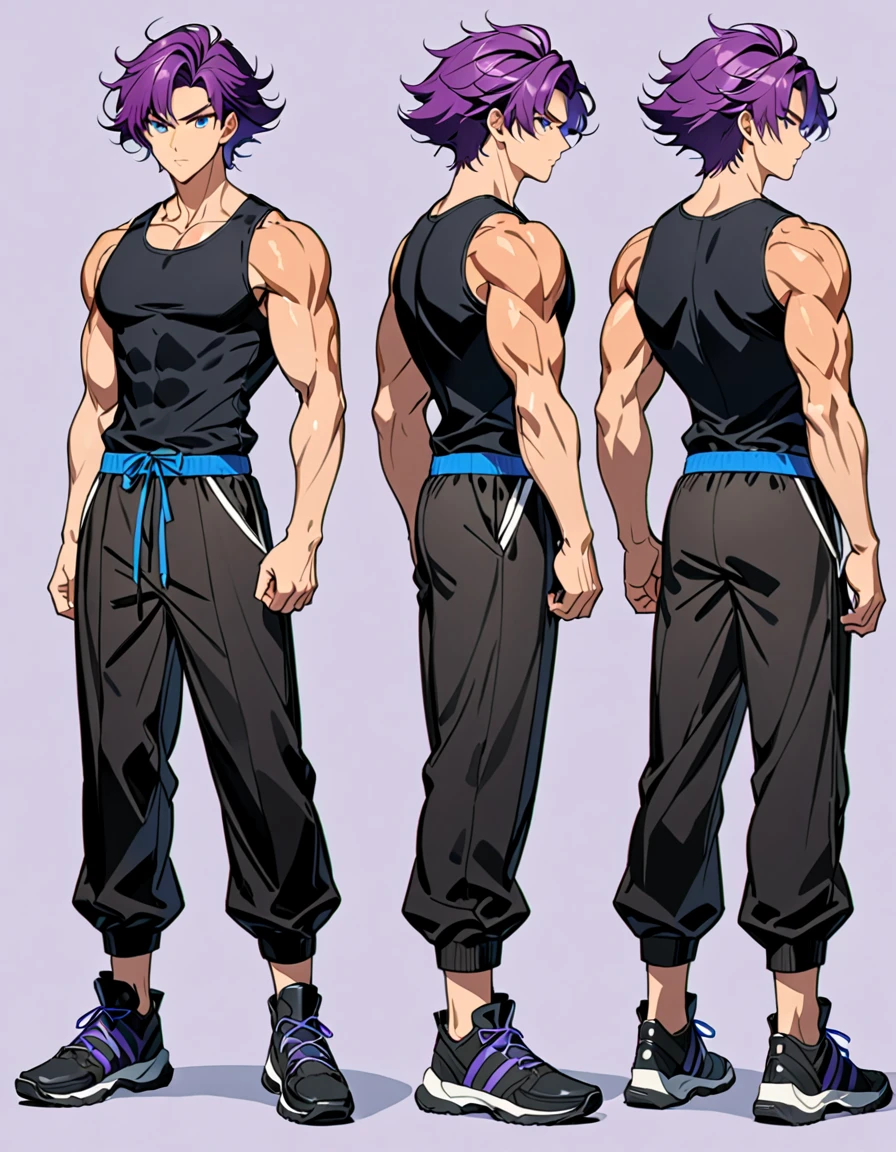 (masterpiece), (best quality), (high res), male, tall body, beautiful detailed eyes, beautiful detailed face, serious, perfect hands, complete fingers, perfect ???????, perfect proportions, ((purple hair, short hair, mushroom hair style )), ((blue eyes)), (( jacket, black tank top and black buggy pants outfit)), muscles, looking at viewer, (solo, solo focus), standing,, sword on the back, full body costume design. Simple background, Multiple Views, Character Sheet Full-Length.