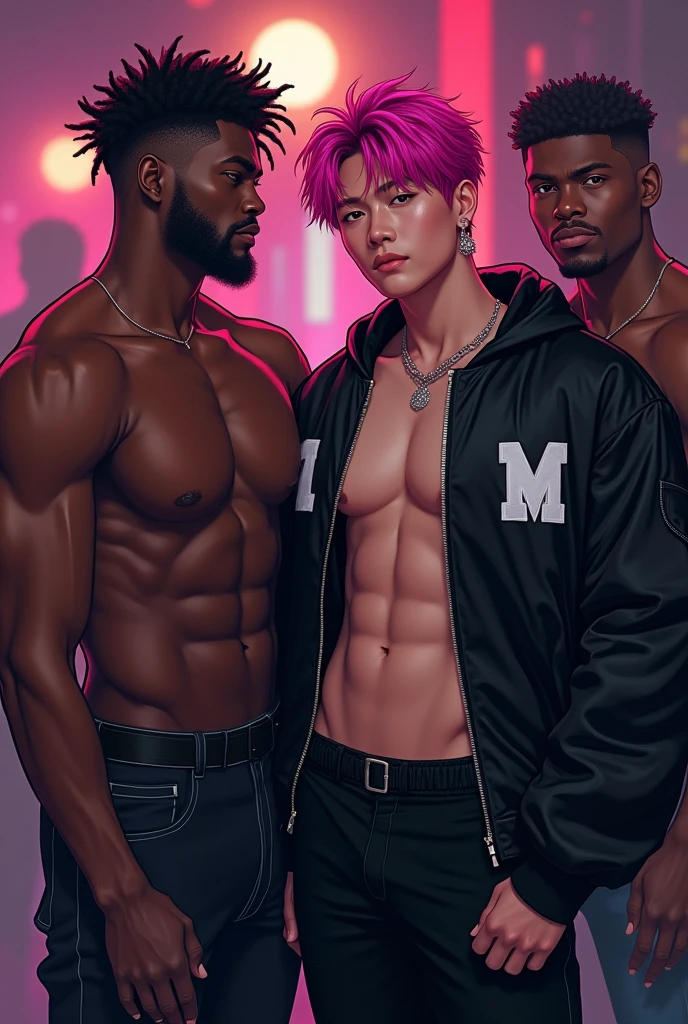 interracial homologation couple, 1 Hot Korean man with defined pink hair, black  jacket with white hair open shirtless , tight black pants, front view, K-idol, hot , sexy , k-idol bdsm , BDSM, 2 black man nerd  , street club, masterpiece  