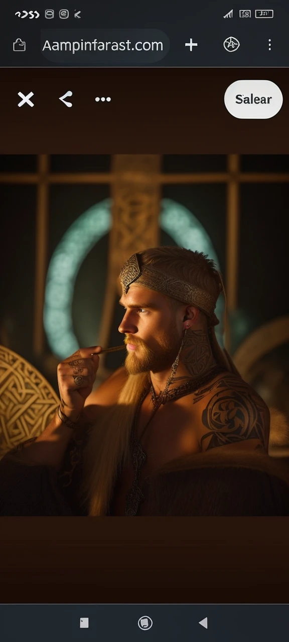 A blonde Viking warrior with a beard, shaved hair on the sides, tribal tattoos, a tribal necklace, blue eyes, a muscular young man, bonitas, heroic, Realistic, Charismatic, lot of details, Fantasy Medieval Realism Theme, Cinematic lighting, super detaill
