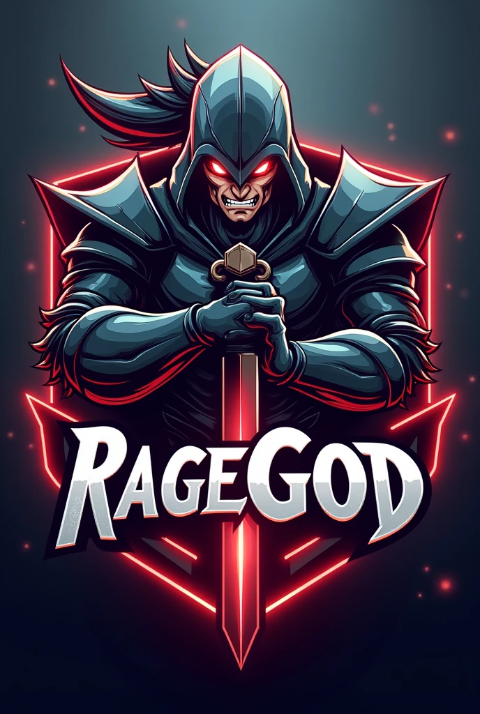 A gaming esport team logo team name Ragegod. An anime smart warrior in rage with sword in hand fully armored 3d and jin woo with sword and written RAGEGOD