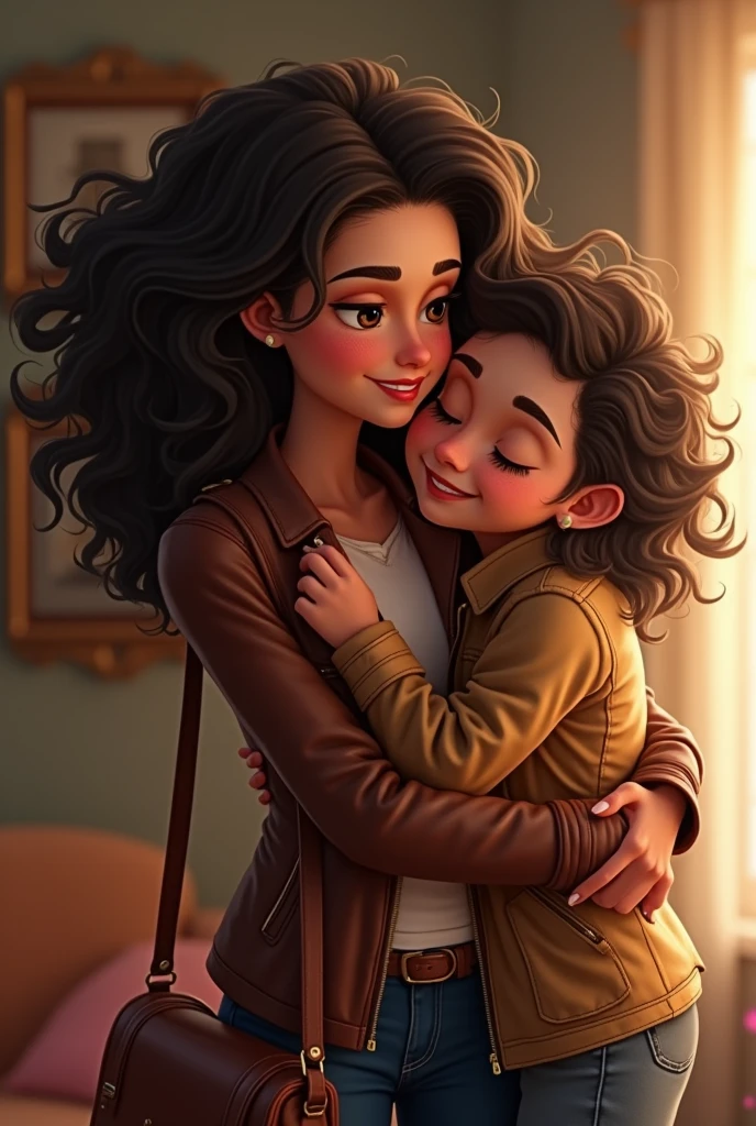 Curly hair woman leather jacket handbag with her daughter kissing 