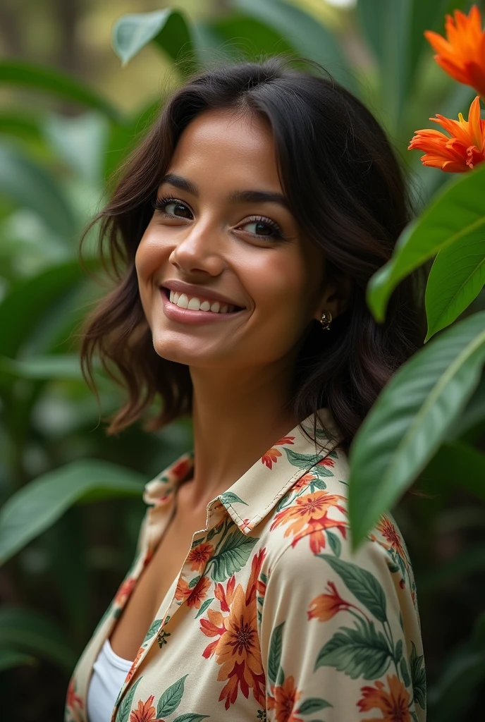 A Brazilian woman in a lush tropical garden, wearing an open shirt with a floral print, with a close-up capturing the harmonious beauty between her breasts and the natural flowers, showing off your natural charm and outgoing personality.
