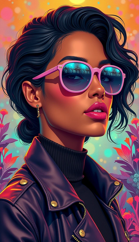 High-quality realistic acrylic art, vivid colors, painting of a woman with sunglasses and a leather jacket, lois van rossdraws, ross tran style, moebius + loish + wlop, rossdraws | afrofuturism, rossdraws 2. 0, by Ross Tran, in the style of ross tran, rossdraws 1. 0, rossdraws global illumination, style ivan talavera and artgerm