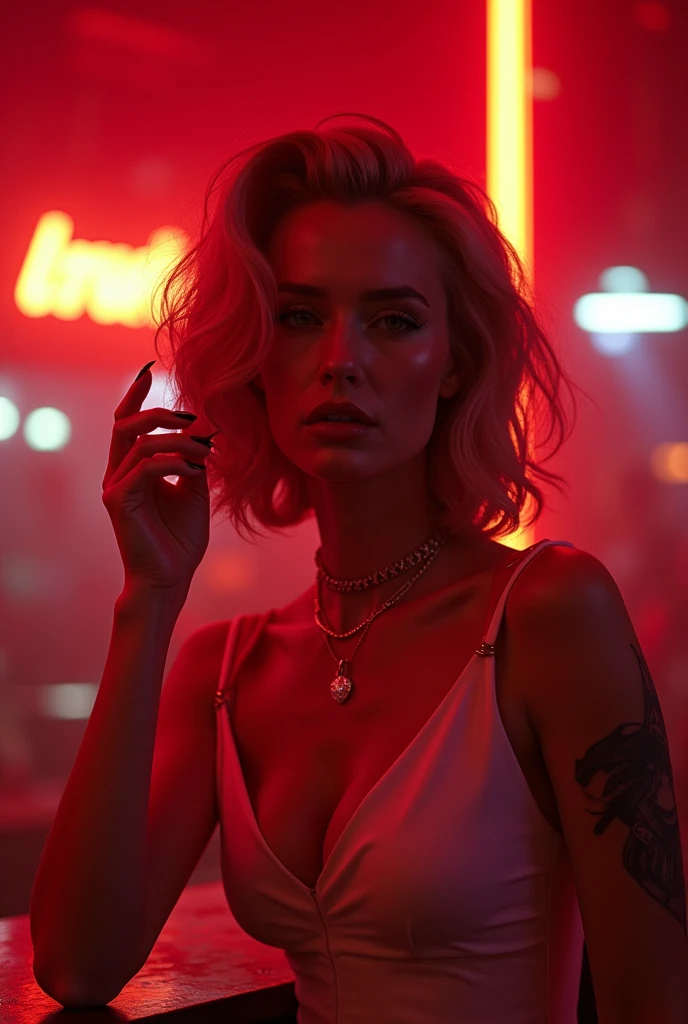 (8k, ARTISTIC photography, best quality, masterpiece: 1.2), (realistic, photorealistic: 1.37), over-detailed, (high-detail skin: 1.2), 8k uhd, SLR camera, soft lighting, high quality, film grain, Arri Alexa, cinematic lighting, photonic display, brightness, physically rendered photo (80s style Female villain in a bar,), cute face, (((Lily Cole))), ( red neon in background lights) ((no smile)), over-detailed face, (( dressed futuristic Alexandre Vauthier dress)), ((( white clothes )), ((( intricate outfits))), posing, a bar with neon lights, nightclub, smoking (((pure 8K))), (((perfect anatomy))), extremely high-quality graphics, Riddley Scott, Blade Runner, Denis villeneuve (((cinematic lighting))), ((clear details)), complex, highly detailed background,