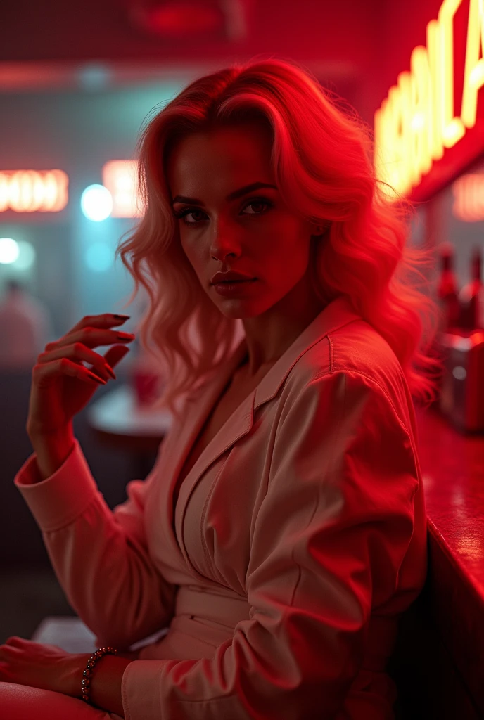 (8k, ARTISTIC photography, best quality, masterpiece: 1.2), (realistic, photorealistic: 1.37), over-detailed, (high-detail skin: 1.2), 8k uhd, SLR camera, soft lighting, high quality, film grain, Arri Alexa, cinematic lighting, photonic display, brightness, physically rendered photo (80s style Female villain in a bar,), cute face, (((Lily Cole))), ( red neon in background lights) ((no smile)), over-detailed face, (( dressed futuristic Alexandre Vauthier dress)), ((( white clothes )), ((( intricate outfits))), posing, a bar with neon lights, nightclub, smoking (((pure 8K))), (((perfect anatomy))), extremely high-quality graphics, Riddley Scott, Blade Runner, Denis villeneuve (((cinematic lighting))), ((clear details)), complex, highly detailed background,