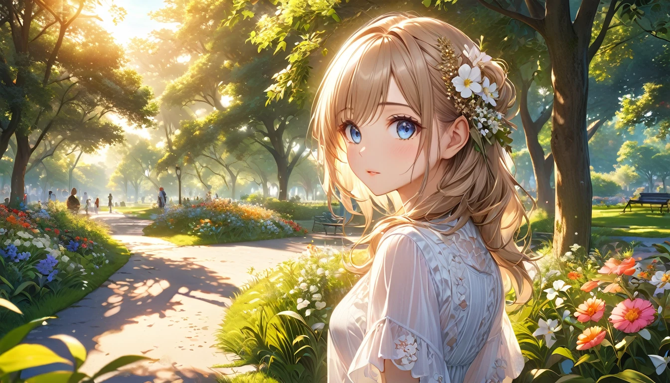 Beautifully detailed anime girls, One person, Walk in the park, Quiet and peaceful park scene, Lush foliage, Detailed Flowers, wood々Sunlight shining through the gaps, Warm Golden Hour Lighting, Vibrant colors, (Highest quality,4K,8k,High resolution,masterpiece:1.2),Very detailed,(Realistic,photoRealistic,photo-Realistic:1.37),Detailed facial features, Beautiful Eyes, Elegant pose, pastoral landscapes, Intricate details,Very far