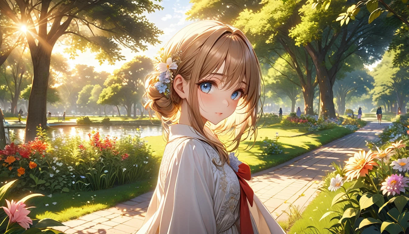 Beautifully detailed anime girls, One person, Walk in the park, Quiet and peaceful park scene, Lush foliage, Detailed Flowers, wood々Sunlight shining through the gaps, Warm Golden Hour Lighting, Vibrant colors, (Highest quality,4K,8k,High resolution,masterpiece:1.2),Very detailed,(Realistic,photoRealistic,photo-Realistic:1.37),Detailed facial features, Beautiful Eyes, Elegant pose, pastoral landscapes, Intricate details,Very far