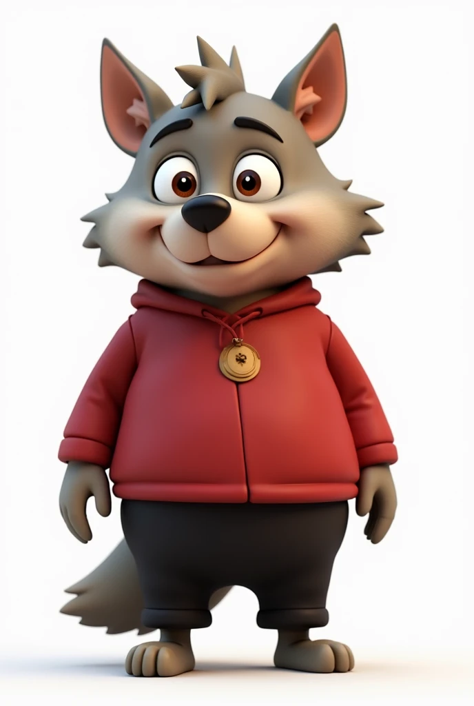Create a human version of Disney's Big Bad Wolf, with a friendly look, with red and black clothes with a cute and full-body look. The character must have soft and charming features, with a detailed and expressive 3D style. Keep a simple white background to make the figure stand out. Design should evoke a welcoming feeling, maintaining features that resemble a wolf, like pointy ears and a friendly smile.