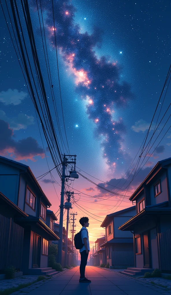 Create an 8K image of a young person standing in the middle of a quiet suburban street at night, gazing up at a vibrant, star-filled sky. The street is lined with traditional Japanese-style houses, softly lit from within, with power lines stretching across the scene. The night sky is illuminated with a stunning display of cosmic colors, primarily in shades of deep blue, orange, and red, resembling distant galaxies or auroras. The figure is silhouetted, wearing a backpack, and is bathed in the soft glow of the celestial lights. The overall mood should be one of wonder and quiet reflection, with detailed textures in the buildings, pavement, and sky.
