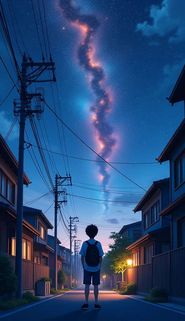 Create an 8K image of a young person standing in the middle of a quiet suburban street at night, gazing up at a vibrant, star-filled sky. The street is lined with traditional Japanese-style houses, softly lit from within, with power lines stretching across the scene. The night sky is illuminated with a stunning display of cosmic colors, primarily in shades of deep blue, orange, and red, resembling distant galaxies or auroras. The figure is silhouetted, wearing a backpack, and is bathed in the soft glow of the celestial lights. The overall mood should be one of wonder and quiet reflection, with detailed textures in the buildings, pavement, and sky.