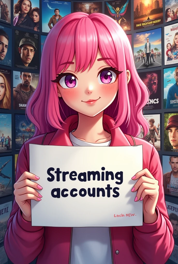 Pink haired girl holding a sign that says "streaming accounts" with a collage background of movies and series