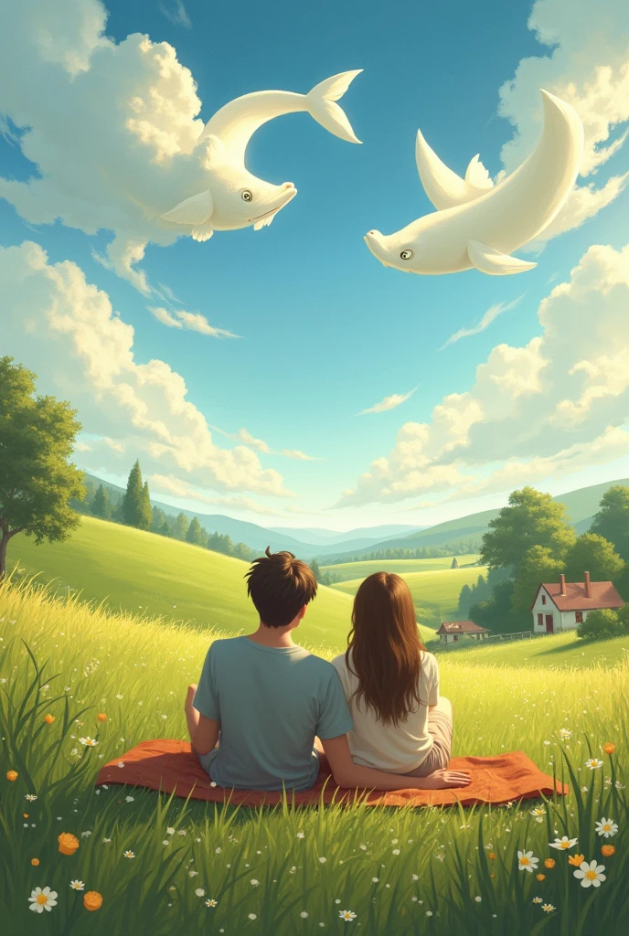 A couple in the countryside, lying on the grass, looking at the sky with clouds forming a fish.