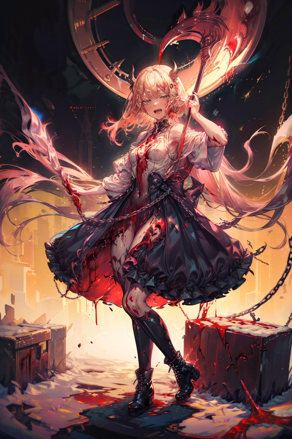 beautiful girl、とてもcute天使、Pink T-shirt、cute、、smile、Long skirt、Black long boots、.(Highest quality,4K,High resolution,masterpiece:1.2),Very detailed,Realistic:1.37,Spooky altar background,Dark fantasy,Red color scheme,Ominous atmosphere,Eye-catching,Storytelling,anatomy,Anime Style,Concept Art,beautiful細部までこだわった顔と (((Red eyes ))),A terrifying ritual ,Satanic Ritual,Premature death,inappropriate behavior,クレイジーなsmile,Scythe Face,Girl Monster, beautiful, Delicate facial features, Sharp Eye, Sharp Fangs, pale skin, Thick chain, Dark Background, Cinema Lighting, Dramatic Shadows, Gothic style, Gloomy atmosphere, Dark fantasy, one person&#39;s, Please open your mouth wide, Open your mouth and baring your teeth,Sharp teeth like a beast, Wide lips, very wide mouth, Vermilion cheeks, ,(Blood splatter:1.4),Scary smile, smile,Angel Design, Twisted smile、Bloody、bleeding from the head,,,,,、Blood splatter、,(Blood splatter:1.4),skull,Horror Style, ((Fantasy Sweet Ta Frill Pink Costume)), ((Flowing blonde hair)), ,(Blood splatter:1.4),Female curves, Sexy flat stomach, Perfect hands, Perfect anime face, (Pink Tata Dress)), Are standing, ((邪悪なsmile)), ,(Blood splatter:1.4), Steam circulates, Moonlight Illumination, night lighting, (Blood splatter:1.6),アニメAngel Design, Twisted smile、Bloody、bleeding from the head,,,,,、Blood splatter、,(Blood splatter:1.4), skull,Gothic architecture、Western architecture、Fantasy World、,Victorian cities, Skeleton Gas Light,Absurd, High resolution、 ((Tabletop)), ((Highest quality)), (Very detailedな), ((Very detailed)), (beautiful), ((cute)), (NFSW:1.8), alone,(:1.6)、(world&#39;The most terrifying and creepy demon girl:1.5)beautiful face、Whole Body Ezbian、pale, beautiful肌、beautiful金の髪、優しくsmileむ、Dark building ruins、(snow white&#39;Frill dress:1.3)、(The dark ruins are stained with blood:1.3)、Low angle full body shot、(少女は血の海の中にAre standing:1.5)、(The ground is full of blood:1.3)、(The girl lost a lot of blood....:1.3)、(クレイジーなsmile:1.6)、Spirits、(Blood dripping from the mouth:1.3)、
