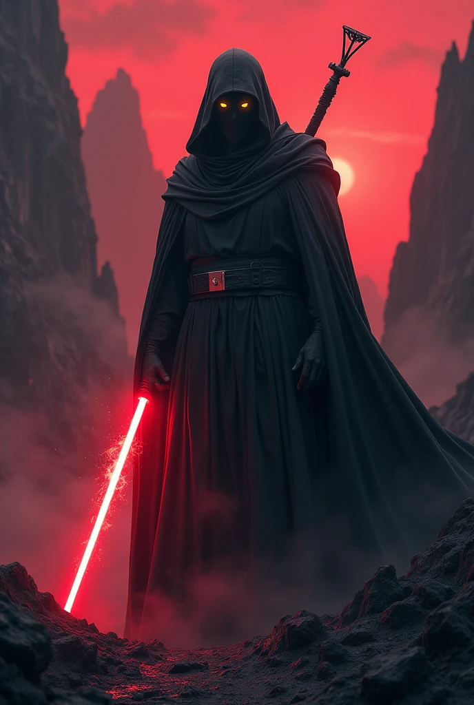 The country barbados as a Sith Lord from Star Wars, black Sceptre on Cape, colors yellow, Blue and black, red lightsaber, scary, frightening, ultra-realistic