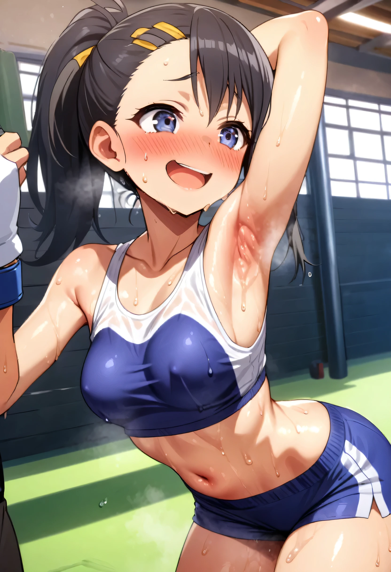 Personaje Ayase Nagatoro piel morena .Masterpiece high quality realism HD 4K  girl from kindergarteely, black hair tied in a ponytail style, outfit: A sleeveless shirt reaches down to her navel., short shorts, a girl boxer, covered in sweat axilas al aire libre, covered in sweat, scene in a boxing gym. medium breasts , well-formed body from boxing exercise smiling covered in a lot of sweat exposed armpits free detailing everything specifically pechos medianos no usa sostén camisa escotada , short corto ajustado. Tez morena bronceada 