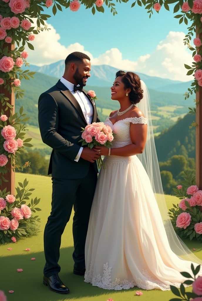 Generate images of lesbian wedding of muscular brown women with one bride in tuxedo