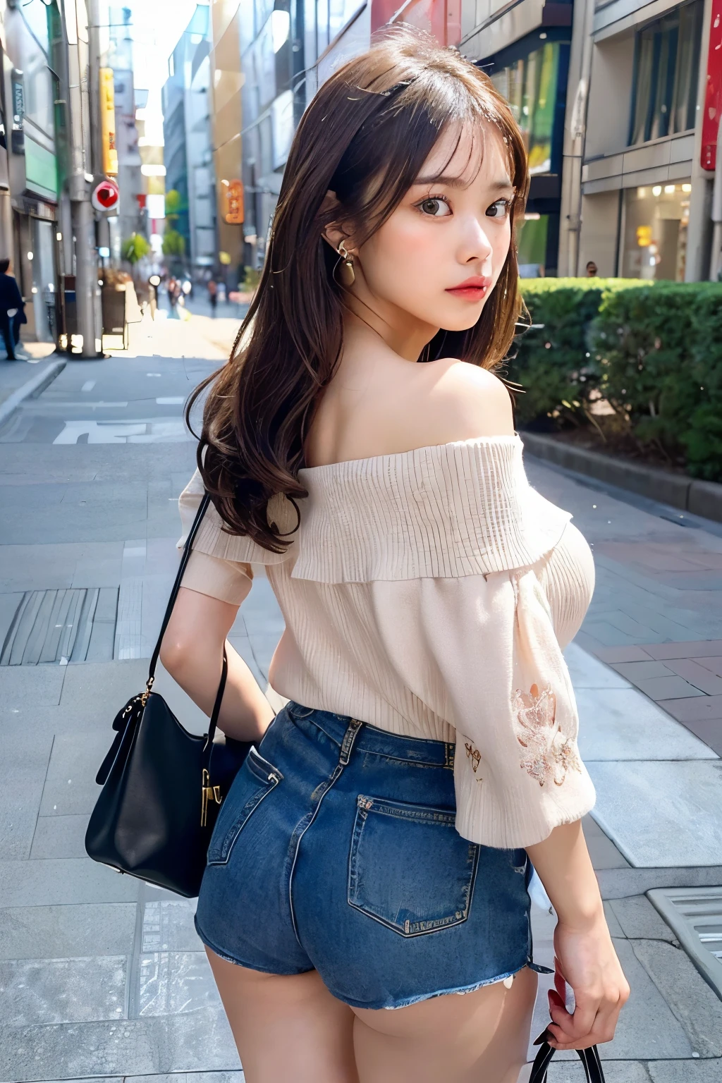 ((Realistic, 8k, Top Quality, Masterpiece: 1.3)), Best Quality, Illustration, Ultra-detailed, finely detail, high resolution, 8K Wallpaper, Perfect dynamic composition, Beautiful detailed eyes, (off-the-shoulder office casual clothes, micro Shorts:1.3),((Big breasts)), Natural Color Lip, Random and sexy poses, (street), 20 years girl, sweaty skin:1.4, (beautiful detailed face and eyes:1.4),(dark brown hair, medium long hair:1.2), Highly detailed face and skin texture, Highly detailed lip texture, Beautiful detailed eyes, Raw Photo, ((Very Delicate and Cute Japanese Girl:1.4)), (1 girl)), Perfect Style, necklace, earrings, (handbag:1.2), realistic shadows, (from behind:1.8), ((look away:2)),(sexy back:1.2),((focus on sexy Thighs:1.4))