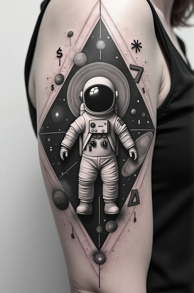 Black and white tattoo with a galaxy surrounding elements that represent mathematics with fine lines. Add a small astronaut