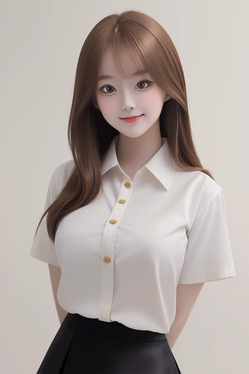 ((masterpiece, best quality)), (1girl), (solo), (female focus), (ahoge, brown hair, very long hair), gold eyes, light smile, korean doll makeup ((white shirt), (buttoned shirt), (button gap)), ((black skirt), (short skirt)), standing, white background, arms behind back, dynamic angle,