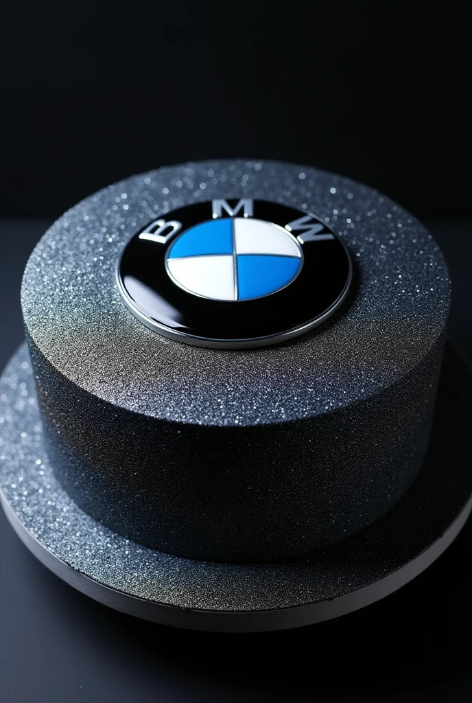 A cake full black in middle bmw logo on It and whole glitter on cake