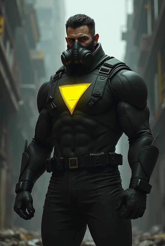 MAN hero, DARK glue , YELLOW TRIANGLE on the chest, ARTPOP gas mask