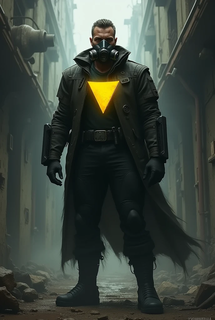 MAN hero, DARK glue , YELLOW TRIANGLE on the chest, ARTPOP gas mask