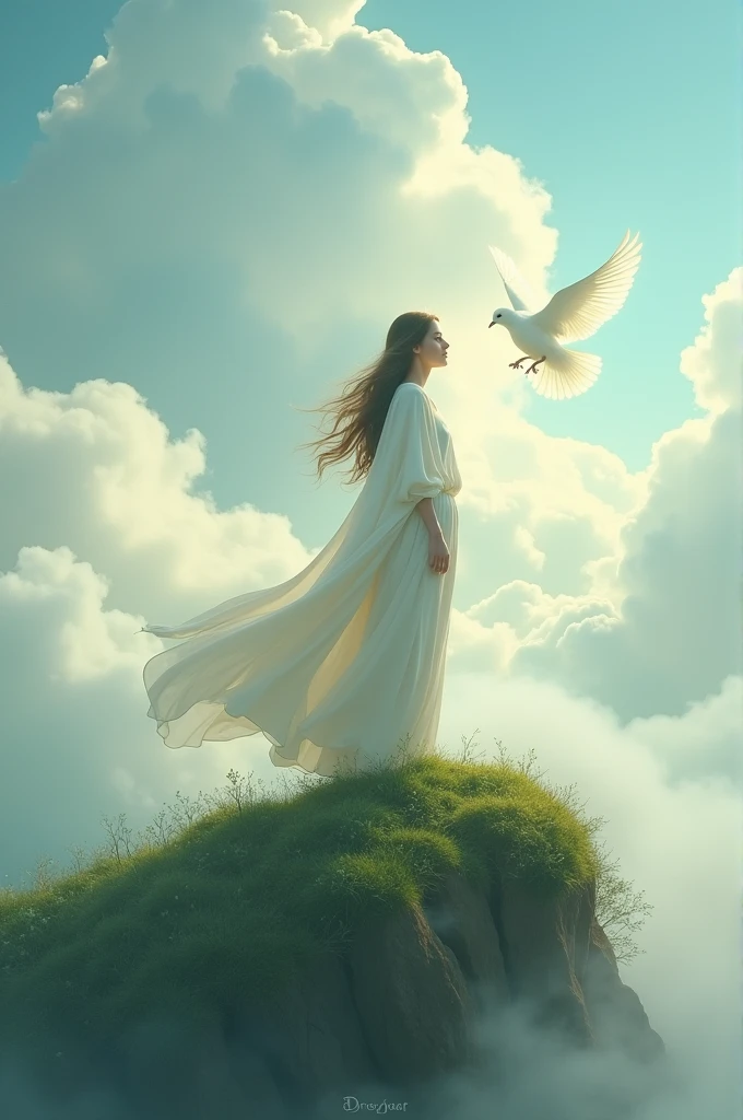 A woman on a hill in the sky a dove a rosary