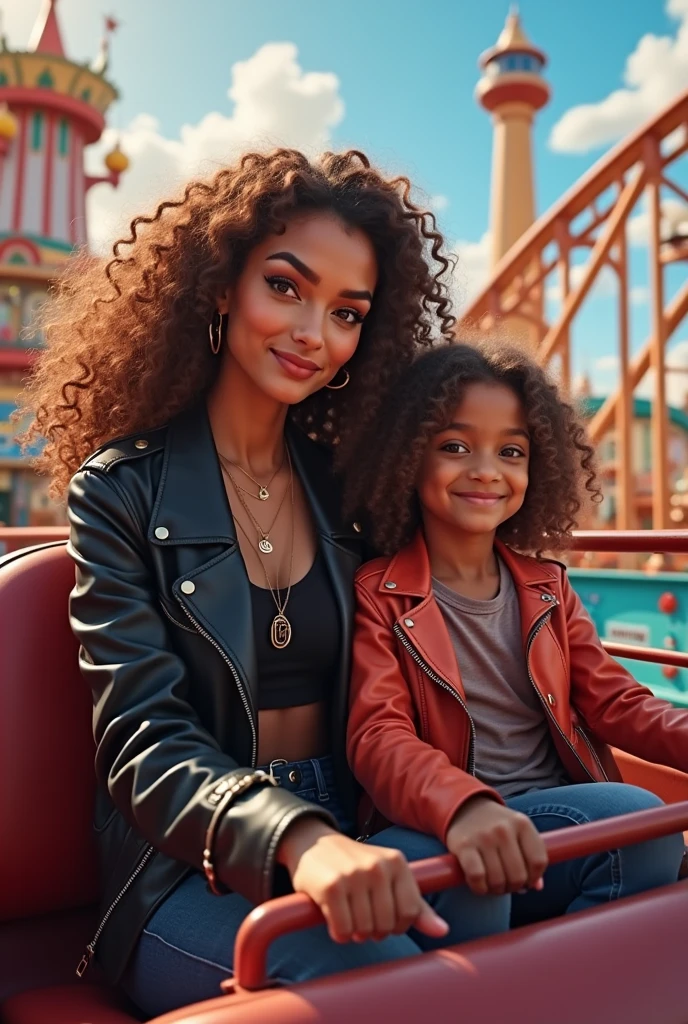 Woman curly hair leather jacket handbag with her daughter in a roller coaster