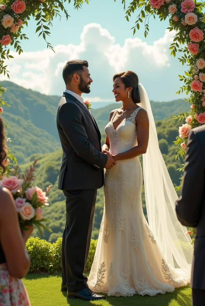 Generate images of lesbian wedding of muscular brown women with one bride in tuxedo
