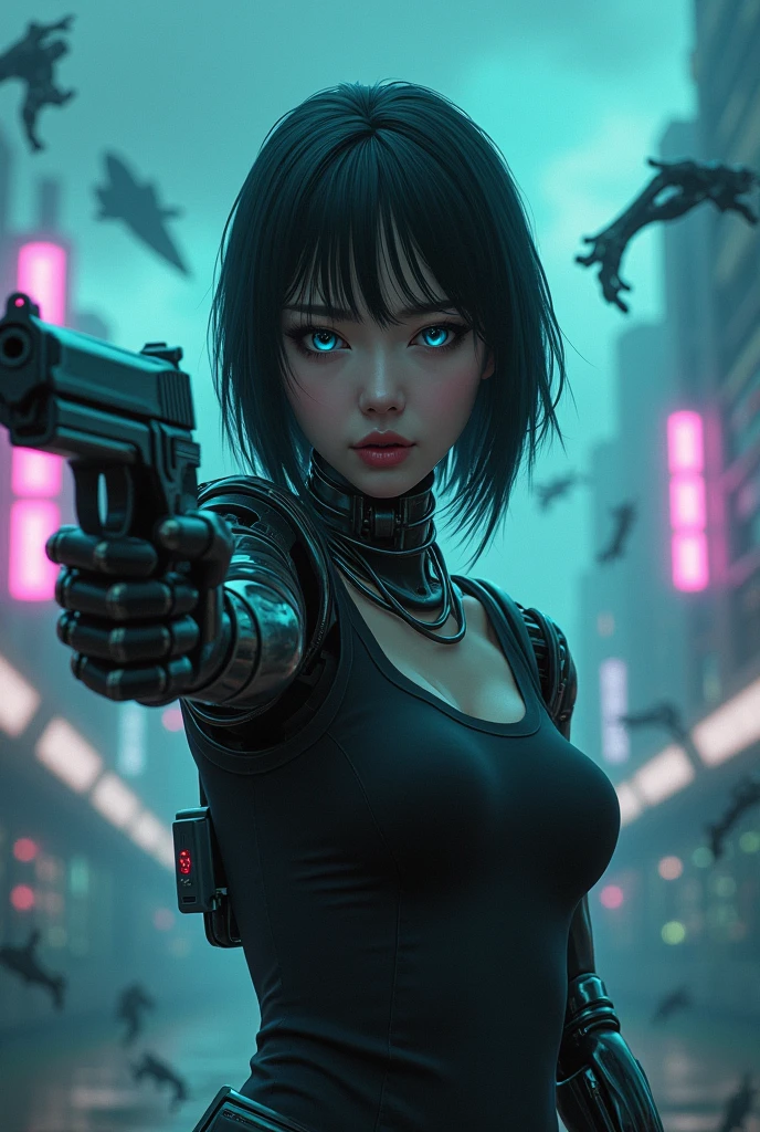 An asian hot woman in her 30s with eyes focused and black hair, robotic arms and neck, face focused, with a rocketship background, blue and pink cyberpunkish colors, more anime like and presenting horror and dark environments, darker and more robotic background with 10 robot arms disconnected in the air at the background and horrifying, like an album cover. A foggy dark environment. Not so bright. Not so realistic. Neon blue neon pink neon green lights. Blue green eyes. 1×1 picture. Add a futuristic futuristic gun in her hand pointing the gun at me while having neutral expression. Add neon futuristic building plus the robot arms to the background. Just a bit realistic more digital art like. With floating robots in the air like after a robot war with a rocketship. Add more features in the background and not blurry