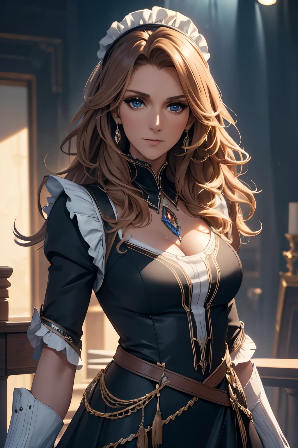 a beautiful woman (Celine Dion, dark skin), housekeeper, 1girl, modeling, blue eyes, detailed portrait, sexy maid outfit, maid uniform, holding feather duster, long dark hair, seductive pose, realistic, photorealistic, (best quality,4k,8k,highres,masterpiece:1.2),ultra-detailed,(realistic,photorealistic,photo-realistic:1.37),HDR,UHD,studio lighting,ultra-fine painting,sharp focus,physically-based rendering,extreme detail description,professional,vivid colors,bokeh,highly detailed,cinematic lighting,dramatic lighting