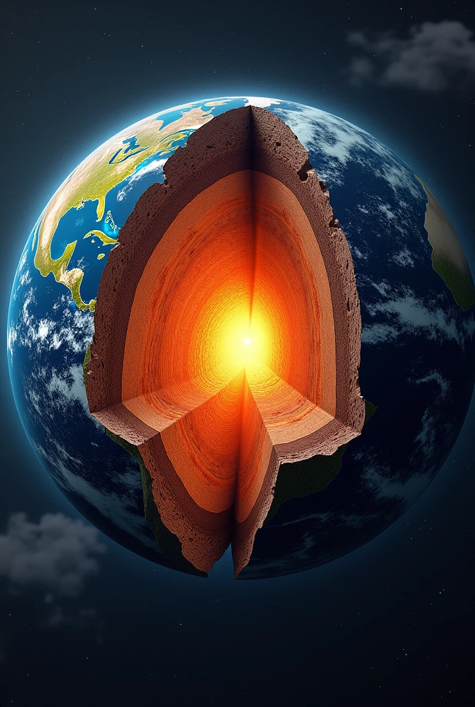 The oldest known rocks are 4.000 a 3.800 million years, and are found in Canada and Greenland.
the earth, with an average radius of 6.371 km, It is made up of four main parts: Inner Core, Outer Core, Mantle and Crust; These layers formed when the Earth began to cool and the heavier, warmer materials sank., concentrating on the center.
Figure 1 illustrates a section of the Earth, where you can see the different parts that compose it.
Earth Section Figure 1: Earth's Core Cut, located in the central part, It has an internal layer of solid and dense material, llamado Inner Core; while the outer part, composed of molten rock, se la conoce como Outer Core.
The Mantle has a thickness of approximately 2.900 km and is made up of different types of rocks. At certain depths, rocks behave as a viscoelastic medium capable of plastic flow., due to the partially molten state of the rocks; On the other hand, As the depth increases, the medium becomes more rigid..
The outermost layer of the Earth is the Crust. You could say it's like "the shell" of the globe, due to its reduced thickness in relation to the radius of the Earth.
The characteristics of the crust are considerably different in the oceans than on the continents.. The Oceanic Crust is made up of very resistant basaltic rocks., with thicknesses varying between 5 and 10 km, While the continental shelves have a lower density than the previous ones, they are formed mainly by granitic rocks on a base of basalt, with an average thickness of 35 km that can reach a maximum of 75 km.
The Earth's crust is deformed, folded and fractured due to thermal convection currents originating in the mantle, which explains the irregular character of the earth's surface. The division between the mantle and the crust is