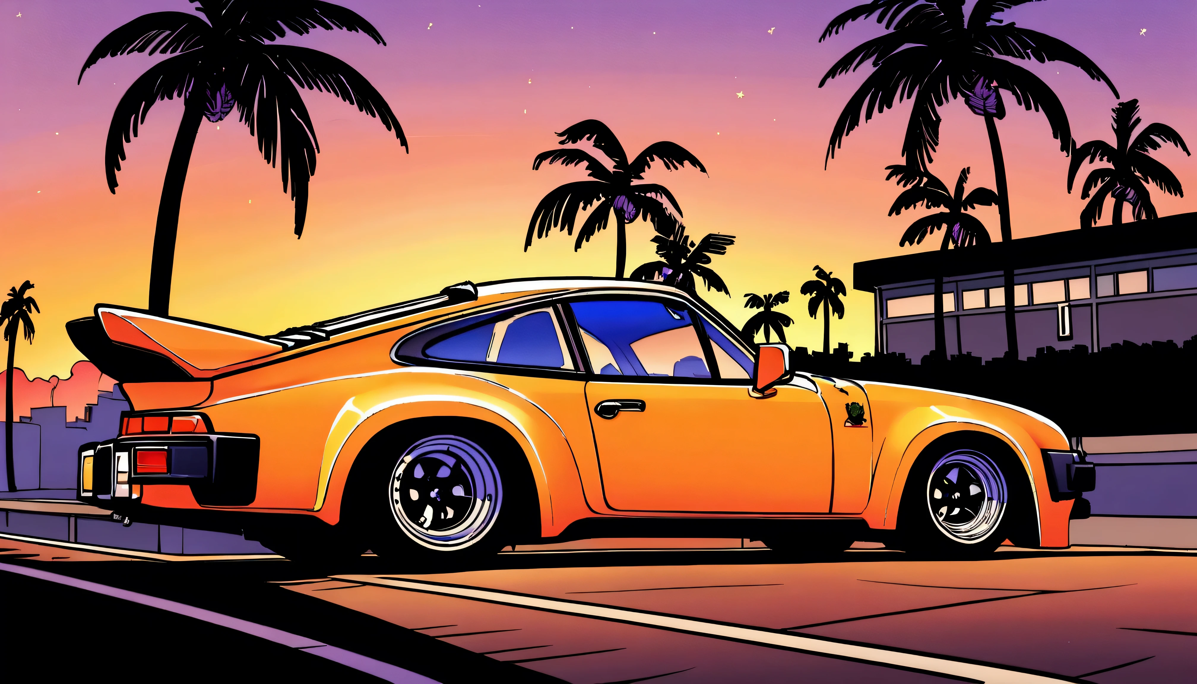 ((TShirt Design)), 1983 Porsche 924, Sunset background, Palm tree, Layers with 5 colors, Corner of the street, Berek's drum, Plethean,
