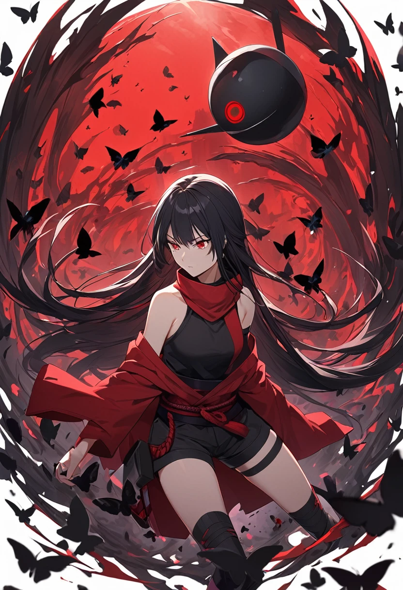 1girl,ninja, long hair, black hair, (red eyes), sharingan, red jacket, short shorts, bare shoulders, Uchiha,dark world, black butterflies, swarm of black butterflies
