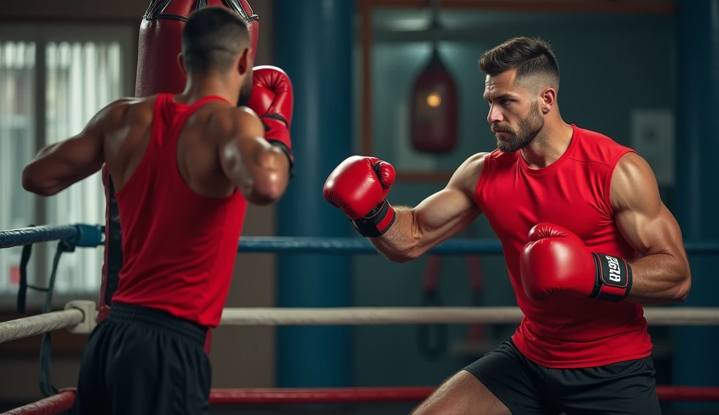 a man in red shirt and black shorts is practicing boxeo with a puñetazos bag in the gym stock photo 68, kickboxeo, puñetazos in a bag, boxeo, boxeo stance, puñetazos, in a boxeo ring, En posición de lucha, boxeo ring, combate, Postura de lucha, boxeo match, 1614572159, boxeo gloves