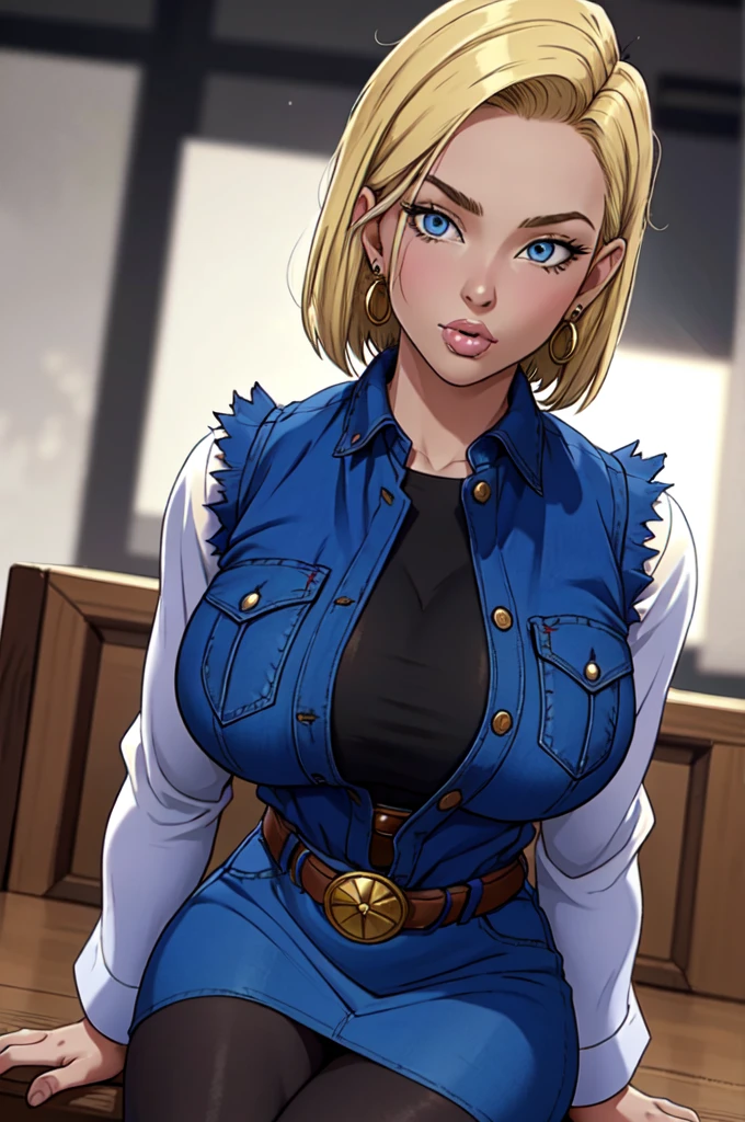 (ultra realistic,32k, masterpiece:1.2),(high detailed skin:1.1),( high quality:1.1),
android 18, 1girl, solo, (blue eyes:0.70), short hair, blonde hair, earrings,denim skirt, blue skirt, pencil skirt, black shirt, long sleeves, striped sleeves, brown belt, black pantyhose, denim vest, blue vest,,huge breast,large breast,,(looking at viewer, sitting, from above:1.1),, (dense light rays:1.1),   blank background, blurry background, paizuri, fellatio