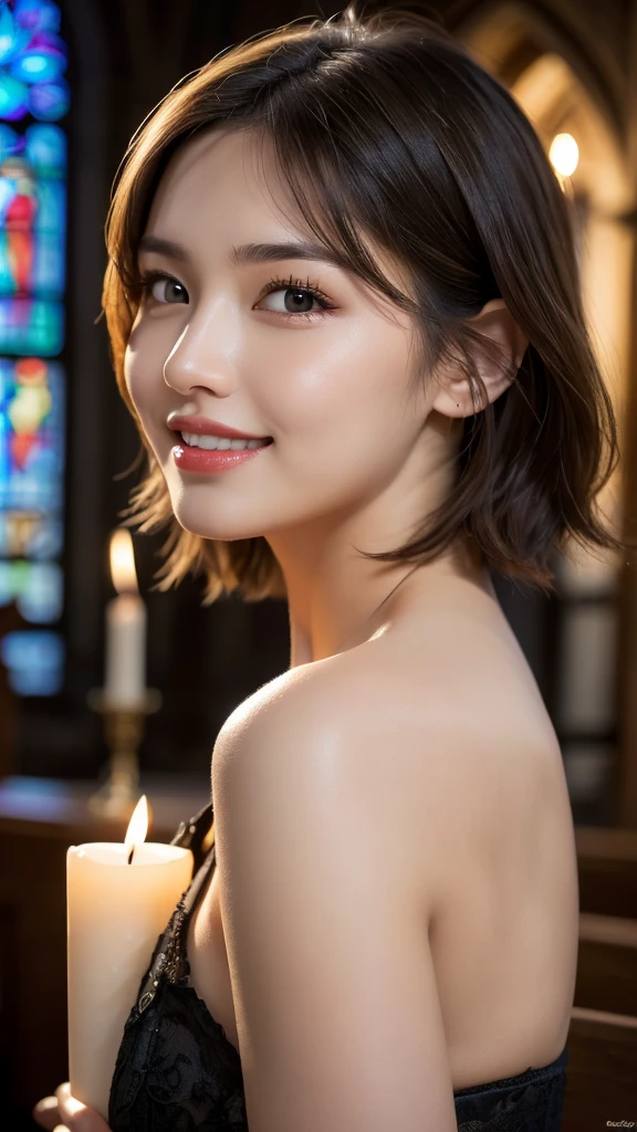 (photorealistic, 32k, RAW photo, best quality: 1.4), (masterpiece:1.3), (absurdres, attractive, ultra high resolution, ultra realistic, highly detailed, golden ratio, ultra detailed, super fucking beautiful detailed face), natural makeup, detailed cloth texture, detailed hair texture, beautiful detailed fullbody, Perfect female body, accurate, Anatomically correct, Highly detailed face and skin texture, (beautiful hands), (realistic skin), (beautiful pale skin:1.1), (large breasts), (cowboy shot:1.3), (Perfect dynamic composition, looking at viewer),
BREAK,
realistic eyes, beautiful detailed eyes, symmetric eyes, Light Brown eyes, Double eyelids, Thin eyebrows, (Glossy lips:1.4), ((A face with waiting for a kiss, Seductive smile:1.2)), (weat skin, blush:1.1),
BREAK,
((short hair, bob, Dark blonde hair, bangs:1.2)), (night, Candlelit church:1.3), (Priest, cross:1.3)