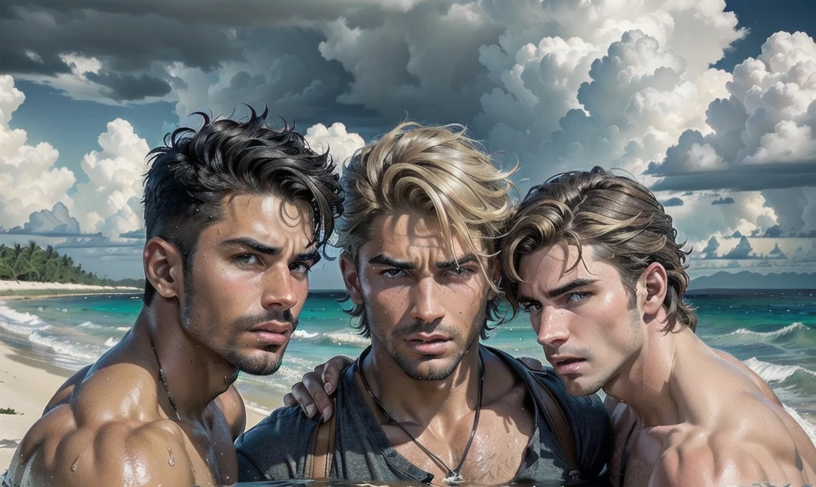 [((highly detailed, detailed eyes, detailed face, clear and realistic facial features, photorealistic, realistic light, cinematic, close up)), ((((3 men, each man looks unique, each man has a different natural hair color and different facial features and skin color)))), (((sexy male college-age jocks standing on the beach and looking angry or frustrated))), ((wearing weathered casual clothes)), ((wet)), ((beautiful deserted tropical island with a storm in background))]