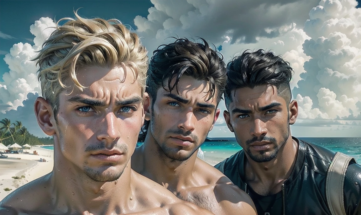 [((highly detailed, detailed eyes, detailed face, clear and realistic facial features, photorealistic, realistic light, cinematic, close up)), ((((3 men, each man looks unique, each man has a different natural hair color and different facial features and skin color)))), (((sexy male college-age jocks standing on the beach and looking angry or frustrated))), ((wearing weathered casual clothes)), ((wet)), ((beautiful deserted tropical island with a storm in background))]